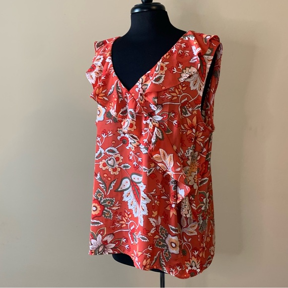 LOFT Floral Sleeveless Blouse Ruffle Size XL - Picture 3 of 12